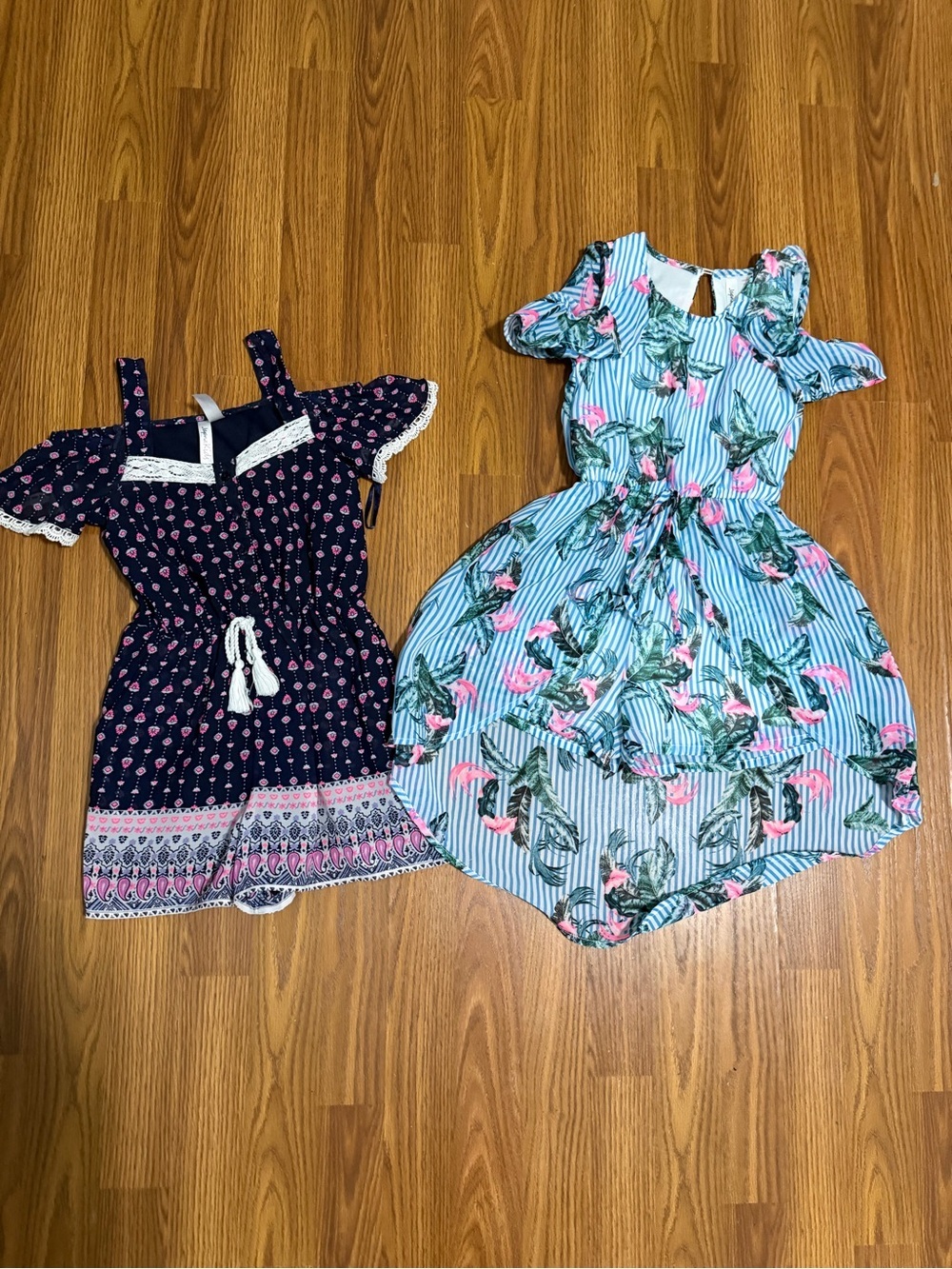 Japna Kids 2 Romper Bundle Size 7. Blue crochet detail boho romper & Tropical